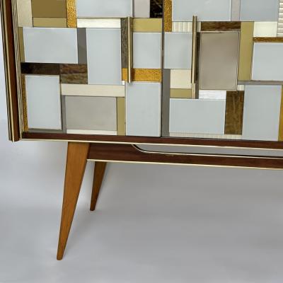 Mid Century Modern Beech Wood Brass Copper Mirrors Murano Art Glass Credenza