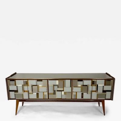 Mid Century Modern Beech Wood Brass Copper Mirrors Murano Art Glass Credenza