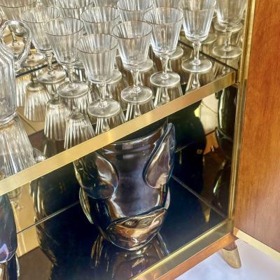 Mid Century Modern Beech Wood Brass Mirror Murano Art Glass Dry Bar Cabinet