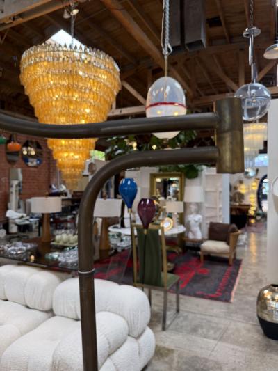 Mid Century Modern Brass Floor Lamp with Fringe Fabric Shade