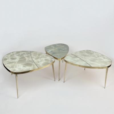 Mid Century Modern Brass Green Murano Art Glass Set of Three Coffee Tables
