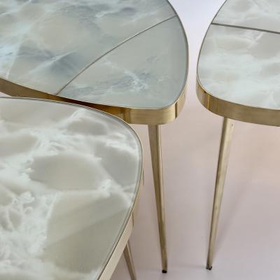 Mid Century Modern Brass Green Murano Art Glass Set of Three Coffee Tables