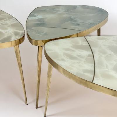 Mid Century Modern Brass Green Murano Art Glass Set of Three Coffee Tables