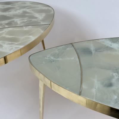 Mid Century Modern Brass Green Murano Art Glass Set of Three Coffee Tables
