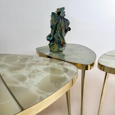 Mid Century Modern Brass Green Murano Art Glass Set of Three Coffee Tables