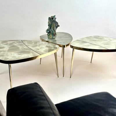 Mid Century Modern Brass Green Murano Art Glass Set of Three Coffee Tables