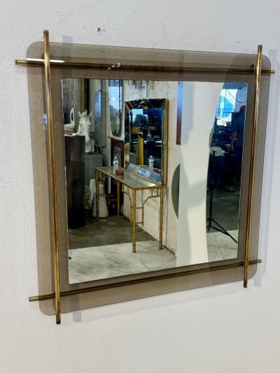 Mid Century Modern Brass Smoked Glass Wall Mirror 1970s