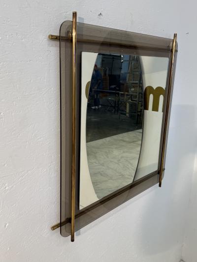 Mid Century Modern Brass Smoked Glass Wall Mirror 1970s