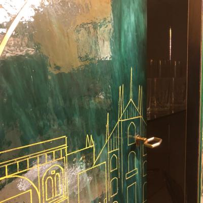 Mid Century Modern Brass Wood Engraved Emerald Green Murano Glass Dry Bar