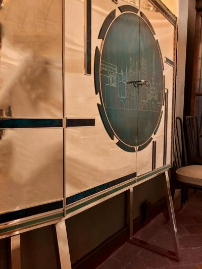 Mid Century Modern Brass Wood Engraved Emerald Green Murano Glass Dry Bar