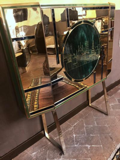 Mid Century Modern Brass Wood Engraved Emerald Green Murano Glass Dry Bar