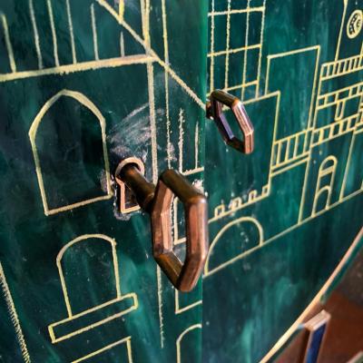 Mid Century Modern Brass Wood Engraved Emerald Green Murano Glass Dry Bar