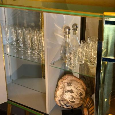 Mid Century Modern Brass Wood Engraved Emerald Green Murano Glass Dry Bar