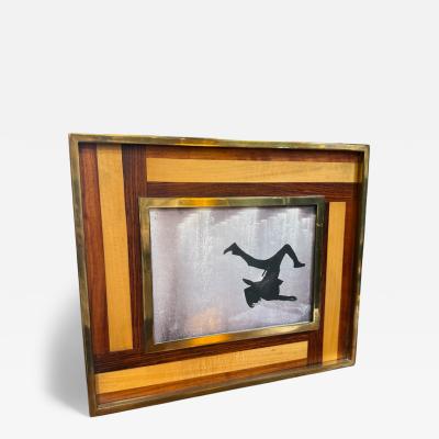 Mid Century Modern Brass and Inlaid Wood Photo Frame