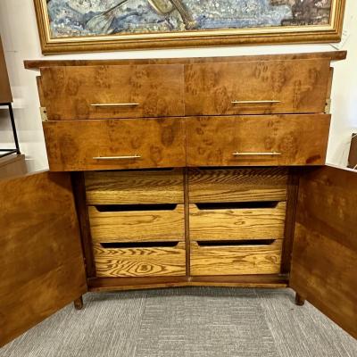 Mid Century Modern Burlwood Hi Boy Dresser Wardrobe Cabinet Brass Accent