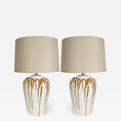 Mid Century Modern Caramel Glazed Ceramic Table Lamps with Brass Fittings