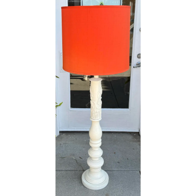 Mid Century Modern Carved Dragon White Lacquer Floor Lamp W Orange Shade