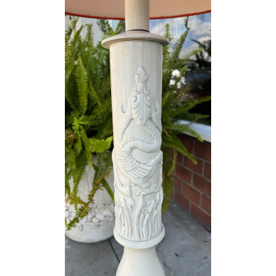 Mid Century Modern Carved Dragon White Lacquer Floor Lamp W Orange Shade
