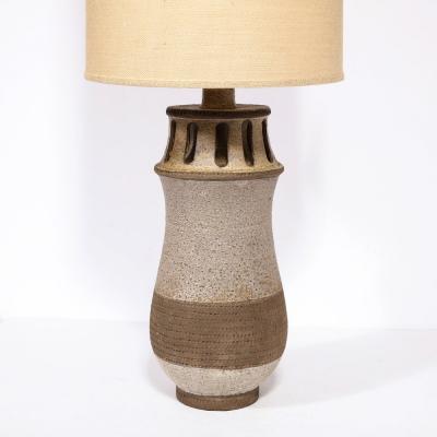 Mid Century Modern Ceramic Table Lamp with Arcade Detailing and Raw Fiber Shade