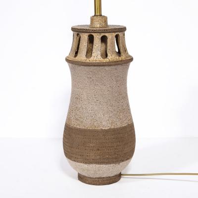 Mid Century Modern Ceramic Table Lamp with Arcade Detailing and Raw Fiber Shade
