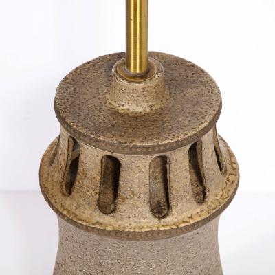 Mid Century Modern Ceramic Table Lamp with Arcade Detailing and Raw Fiber Shade