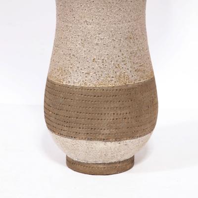 Mid Century Modern Ceramic Table Lamp with Arcade Detailing and Raw Fiber Shade