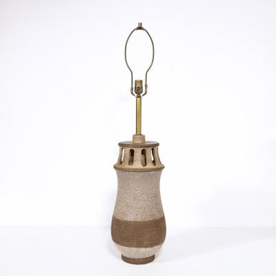 Mid Century Modern Ceramic Table Lamp with Arcade Detailing and Raw Fiber Shade