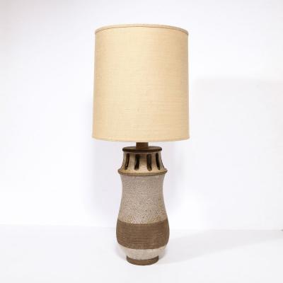 Mid Century Modern Ceramic Table Lamp with Arcade Detailing and Raw Fiber Shade