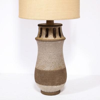 Mid Century Modern Ceramic Table Lamp with Arcade Detailing and Raw Fiber Shade