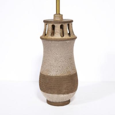 Mid Century Modern Ceramic Table Lamp with Arcade Detailing and Raw Fiber Shade