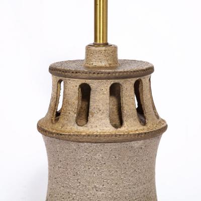 Mid Century Modern Ceramic Table Lamp with Arcade Detailing and Raw Fiber Shade