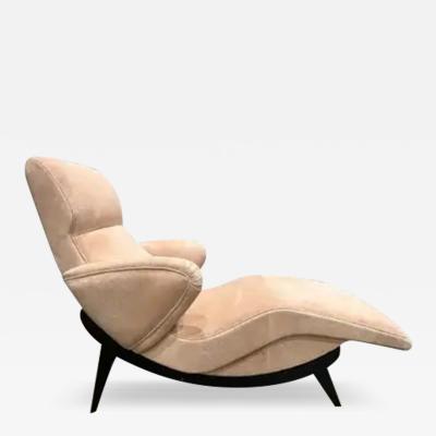 Mid Century Modern Chaise Lounge in Hardwood and Fabric Unknown c 1950