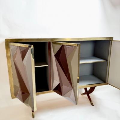 Mid Century Modern Cherry Wood Brass Three Dimensional Opaline Glass Cabinet