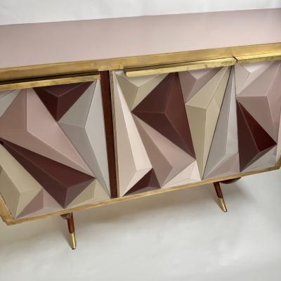 Mid Century Modern Cherry Wood Brass Three Dimensional Opaline Glass Cabinet