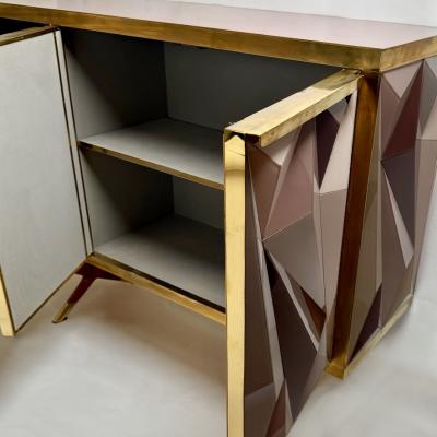 Mid Century Modern Cherry Wood Brass Three Dimensional Opaline Glass Cabinet