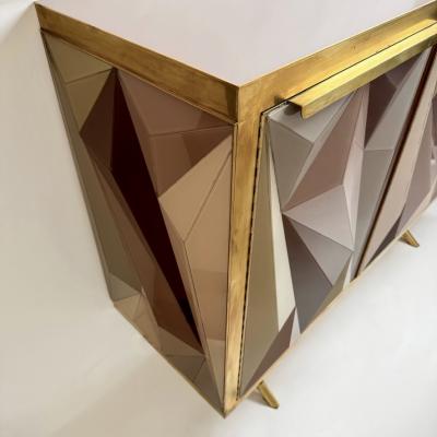 Mid Century Modern Cherry Wood Brass Three Dimensional Opaline Glass Cabinet