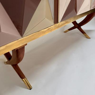 Mid Century Modern Cherry Wood Brass Three Dimensional Opaline Glass Cabinet