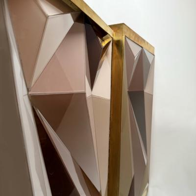 Mid Century Modern Cherry Wood Brass Three Dimensional Opaline Glass Cabinet