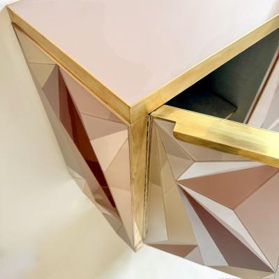 Mid Century Modern Cherry Wood Brass Three Dimensional Opaline Glass Cabinet