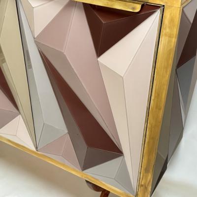Mid Century Modern Cherry Wood Brass Three Dimensional Opaline Glass Cabinet