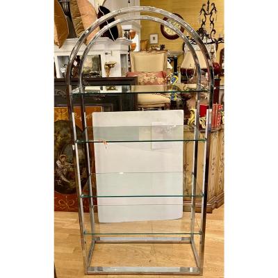 Mid Century Modern Chrome Glass Arched Etagere Bookcase