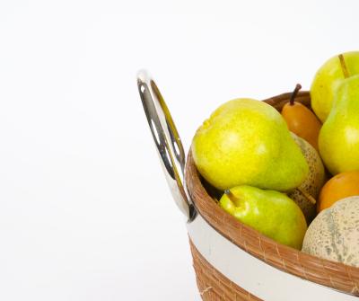 Mid Century Modern Chrome Ring Handled Basket Centerpiece Composite Fruit Pears