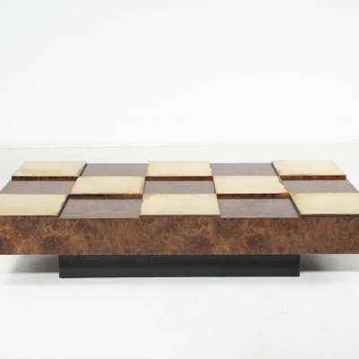 Mid Century Modern Coffee Table Brass and Burl Wood Italy 1970s