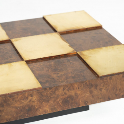 Mid Century Modern Coffee Table Brass and Burl Wood Italy 1970s