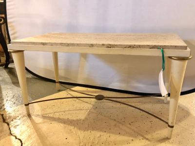 Mid Century Modern Coffee Table Inset Travertine Marble Top and Brass Stretcher