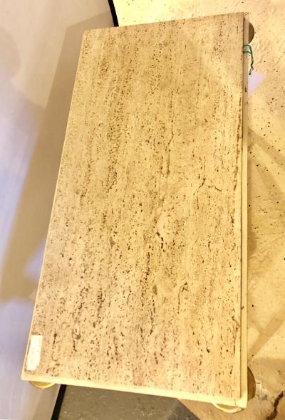 Mid Century Modern Coffee Table Inset Travertine Marble Top and Brass Stretcher