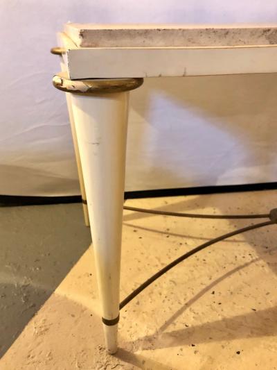Mid Century Modern Coffee Table Inset Travertine Marble Top and Brass Stretcher