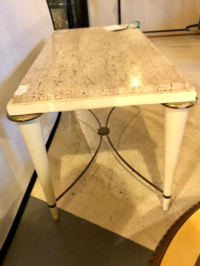 Mid Century Modern Coffee Table Inset Travertine Marble Top and Brass Stretcher