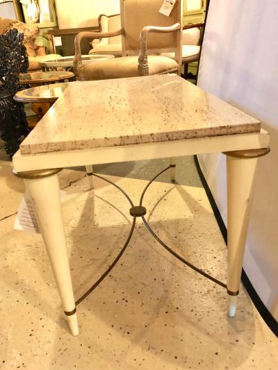 Mid Century Modern Coffee Table Inset Travertine Marble Top and Brass Stretcher
