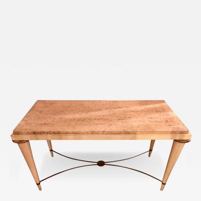 Mid Century Modern Coffee Table Inset Travertine Marble Top and Brass Stretcher